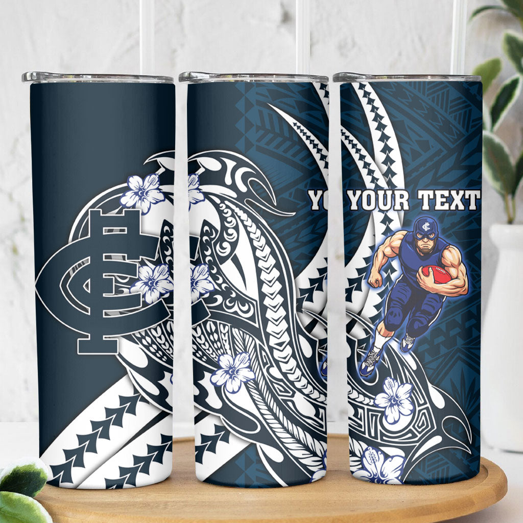 Personalized Carlton Blues Skinny Tumbler Polynesian Tribal Baggers Mascot With Hibiscus Floral Art