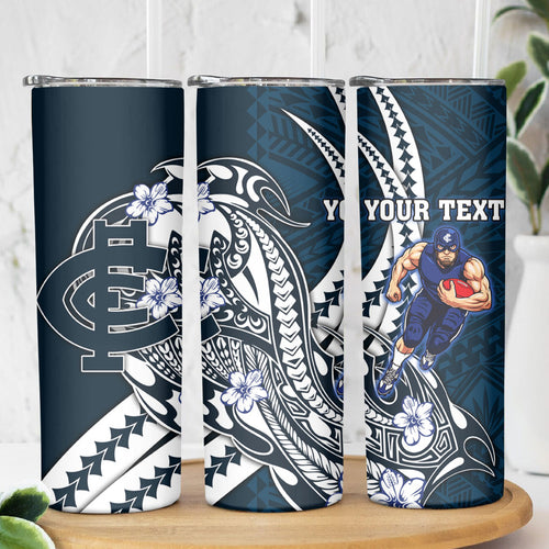 Personalized Carlton Blues Skinny Tumbler Polynesian Tribal Baggers Mascot With Hibiscus Floral Art