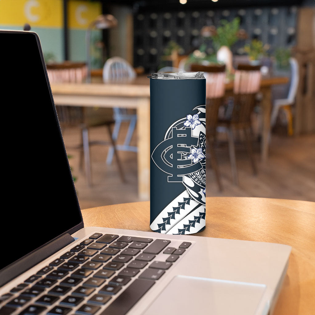 Personalized Carlton Blues Skinny Tumbler Polynesian Tribal Baggers Mascot With Hibiscus Floral Art
