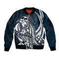 Personalized Carlton Blues Sleeve Zip Bomber Jacket Polynesian Tribal Baggers Mascot With Hibiscus Floral Art