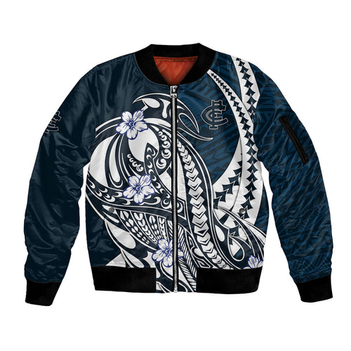 Personalized Carlton Blues Sleeve Zip Bomber Jacket Polynesian Tribal Baggers Mascot With Hibiscus Floral Art