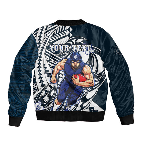 Personalized Carlton Blues Sleeve Zip Bomber Jacket Polynesian Tribal Baggers Mascot With Hibiscus Floral Art