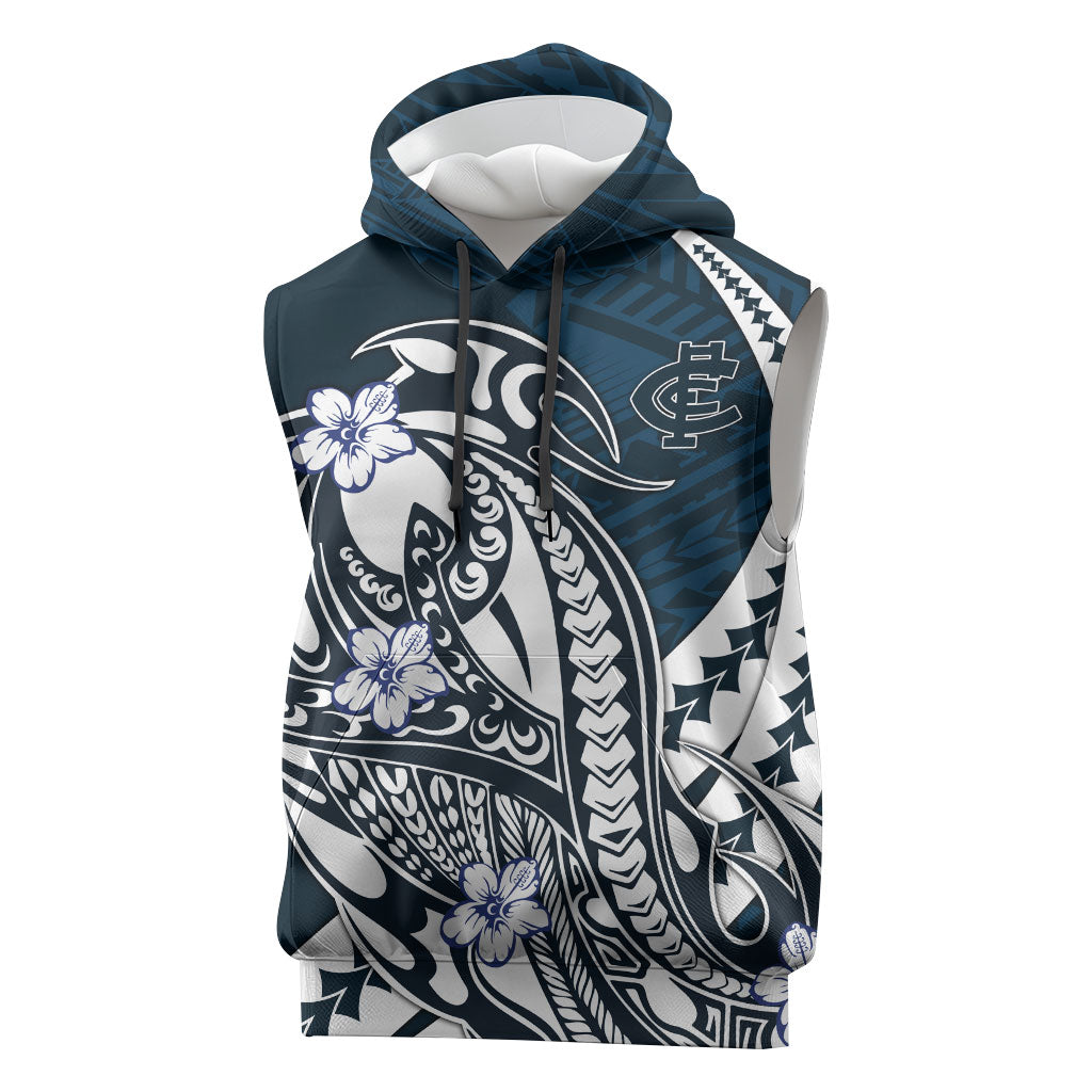 Personalized Carlton Blues Sleeveless Hoodie Polynesian Tribal Baggers Mascot With Hibiscus Floral Art