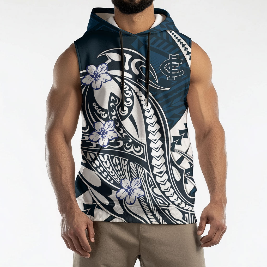 Personalized Carlton Blues Sleeveless Hoodie Polynesian Tribal Baggers Mascot With Hibiscus Floral Art