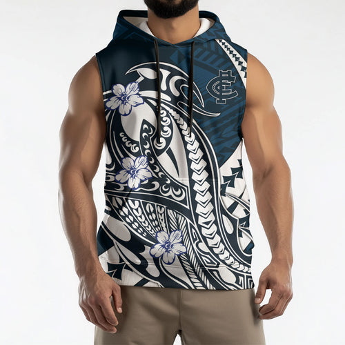 Personalized Carlton Blues Sleeveless Hoodie Polynesian Tribal Baggers Mascot With Hibiscus Floral Art