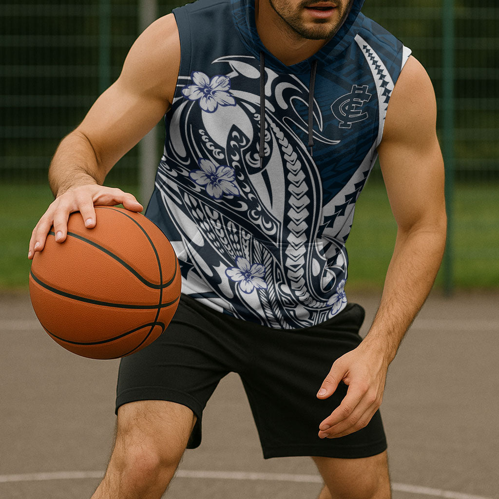 Personalized Carlton Blues Sleeveless Hoodie Polynesian Tribal Baggers Mascot With Hibiscus Floral Art