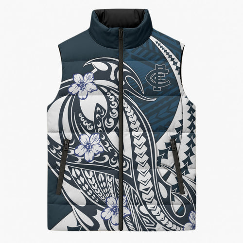 Personalized Carlton Blues Sleeveless Puffer Jacket Polynesian Tribal Baggers Mascot With Hibiscus Floral Art