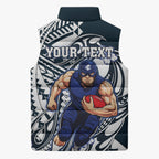 Personalized Carlton Blues Sleeveless Puffer Jacket Polynesian Tribal Baggers Mascot With Hibiscus Floral Art