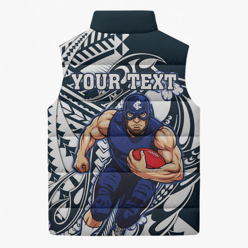 Personalized Carlton Blues Sleeveless Puffer Jacket Polynesian Tribal Baggers Mascot With Hibiscus Floral Art