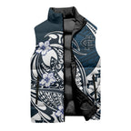 Personalized Carlton Blues Sleeveless Puffer Jacket Polynesian Tribal Baggers Mascot With Hibiscus Floral Art