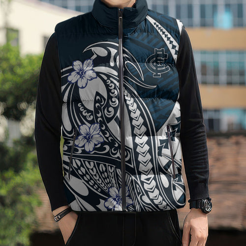 Personalized Carlton Blues Sleeveless Puffer Jacket Polynesian Tribal Baggers Mascot With Hibiscus Floral Art