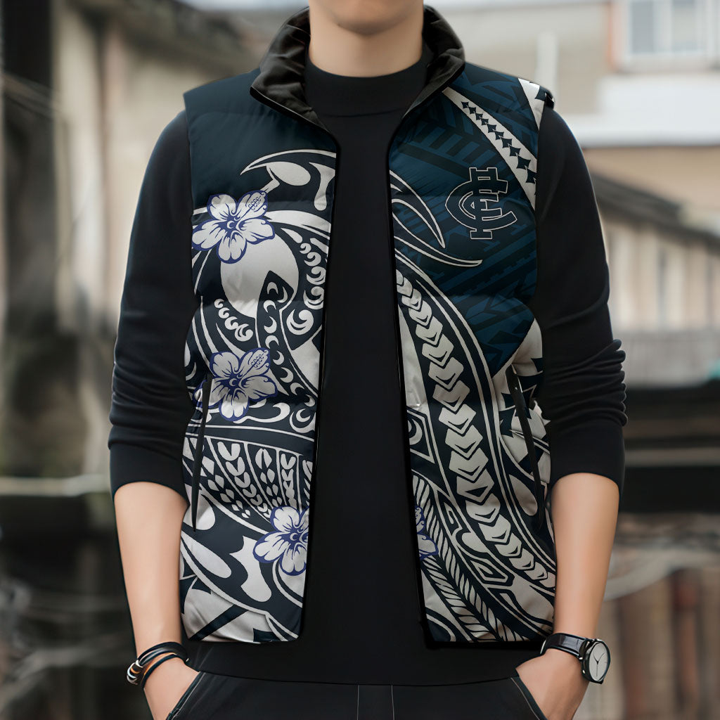 Personalized Carlton Blues Sleeveless Puffer Jacket Polynesian Tribal Baggers Mascot With Hibiscus Floral Art
