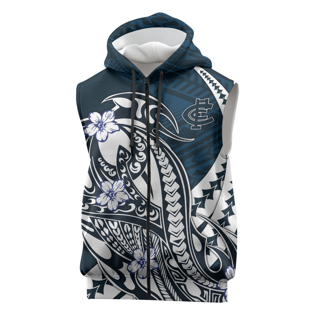 Personalized Carlton Blues Sleeveless Zip Hoodie Polynesian Tribal Baggers Mascot With Hibiscus Floral Art
