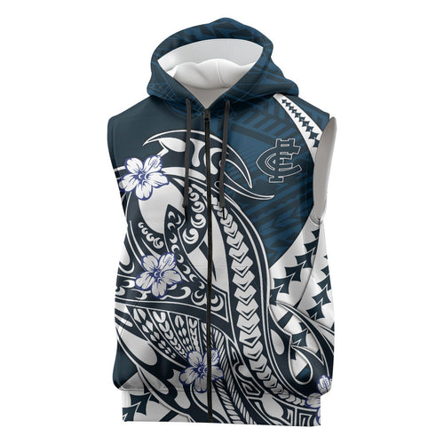 Personalized Carlton Blues Sleeveless Zip Hoodie Polynesian Tribal Baggers Mascot With Hibiscus Floral Art
