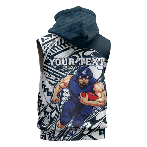 Personalized Carlton Blues Sleeveless Zip Hoodie Polynesian Tribal Baggers Mascot With Hibiscus Floral Art