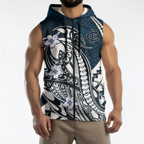 Personalized Carlton Blues Sleeveless Zip Hoodie Polynesian Tribal Baggers Mascot With Hibiscus Floral Art
