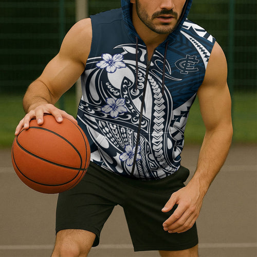Personalized Carlton Blues Sleeveless Zip Hoodie Polynesian Tribal Baggers Mascot With Hibiscus Floral Art