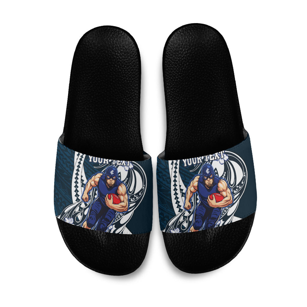 Personalized Carlton Blues Slide Sandals Polynesian Tribal Baggers Mascot With Hibiscus Floral Art