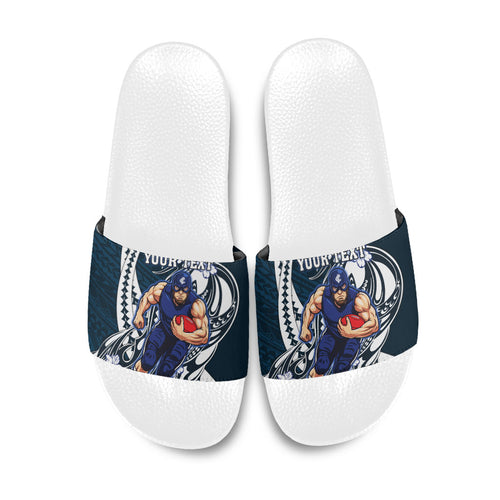 Personalized Carlton Blues Slide Sandals Polynesian Tribal Baggers Mascot With Hibiscus Floral Art