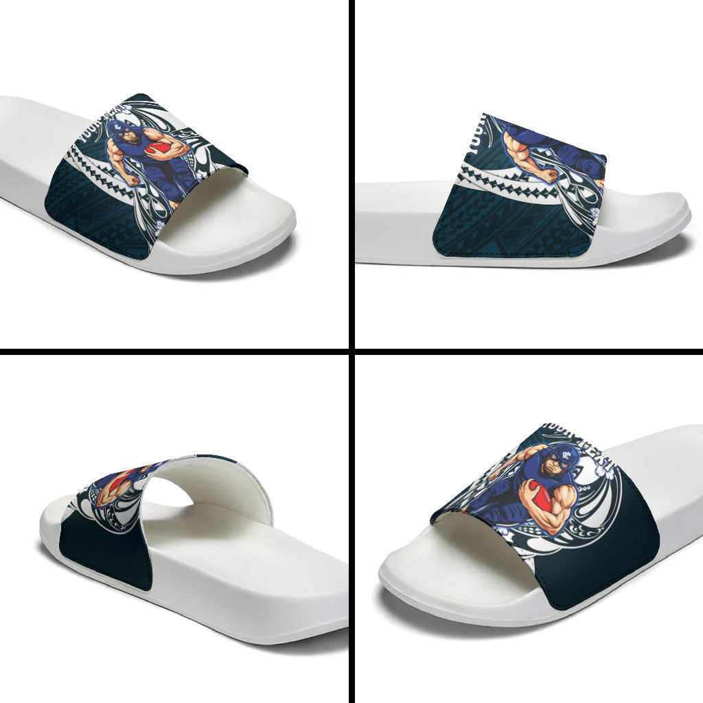 Personalized Carlton Blues Slide Sandals Polynesian Tribal Baggers Mascot With Hibiscus Floral Art