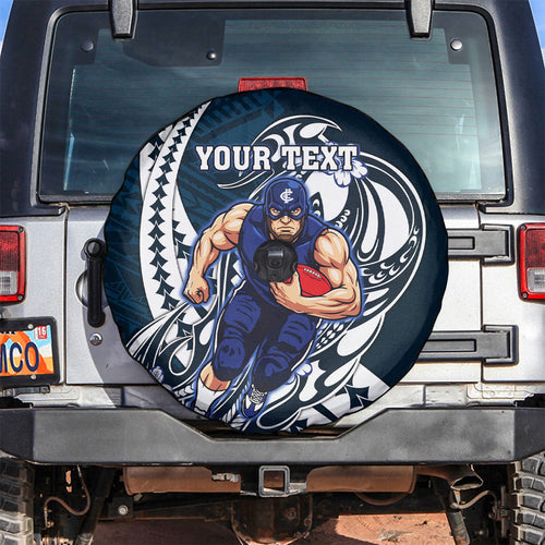 Personalized Carlton Blues Spare Tire Cover Polynesian Tribal Baggers Mascot With Hibiscus Floral Art