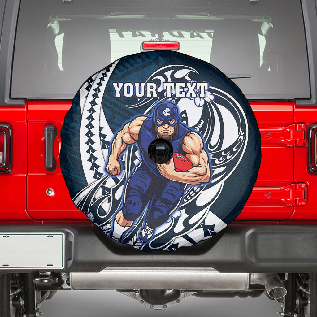 Personalized Carlton Blues Spare Tire Cover Polynesian Tribal Baggers Mascot With Hibiscus Floral Art
