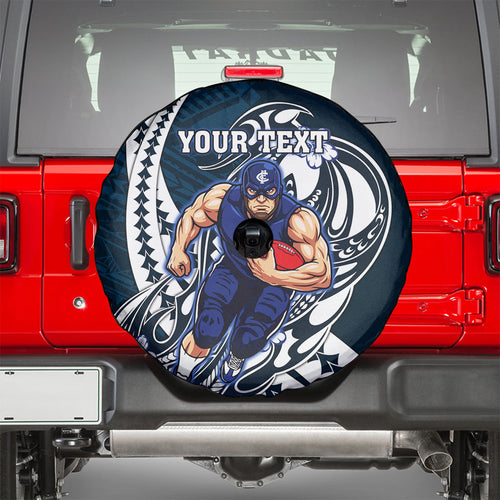 Personalized Carlton Blues Spare Tire Cover Polynesian Tribal Baggers Mascot With Hibiscus Floral Art