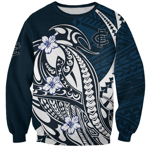 Personalized Carlton Blues Sweatshirt Polynesian Tribal Baggers Mascot With Hibiscus Floral Art