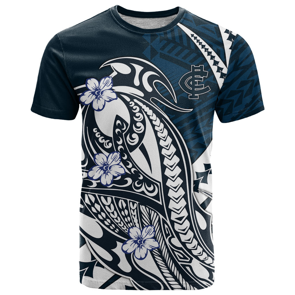 Personalized Carlton Blues T Shirt Polynesian Tribal Baggers Mascot With Hibiscus Floral Art