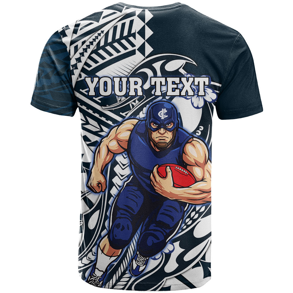 Personalized Carlton Blues T Shirt Polynesian Tribal Baggers Mascot With Hibiscus Floral Art