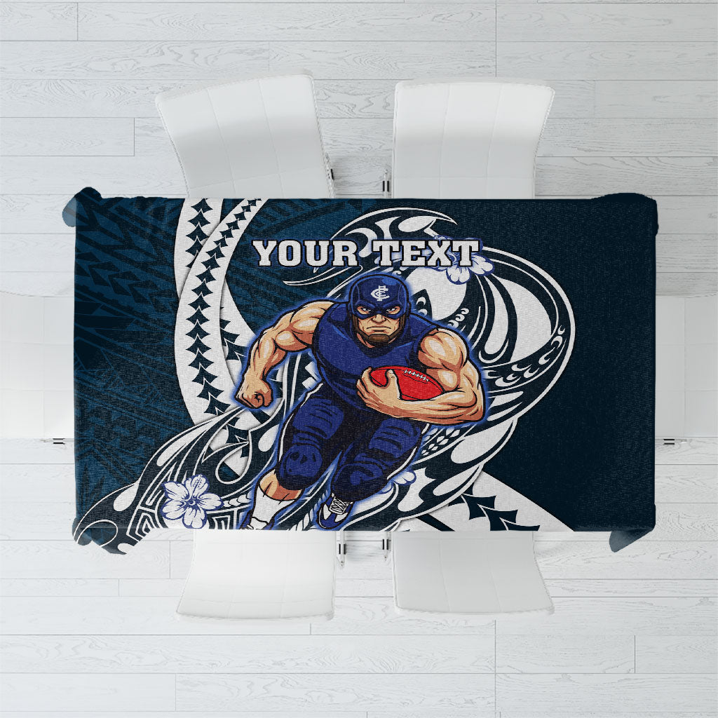 Personalized Carlton Blues Tablecloth Polynesian Tribal Baggers Mascot With Hibiscus Floral Art