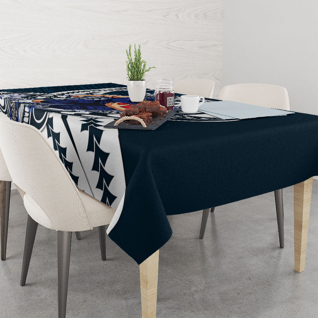 Personalized Carlton Blues Tablecloth Polynesian Tribal Baggers Mascot With Hibiscus Floral Art