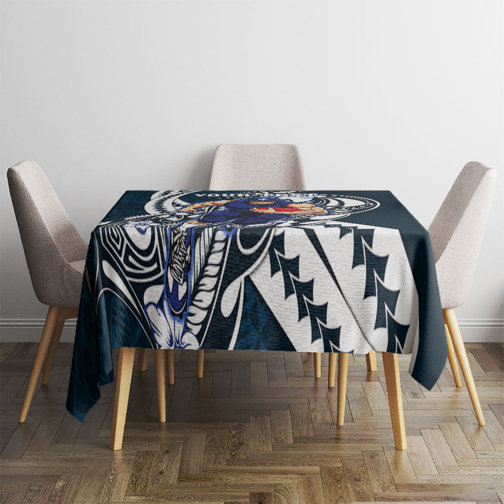 Personalized Carlton Blues Tablecloth Polynesian Tribal Baggers Mascot With Hibiscus Floral Art