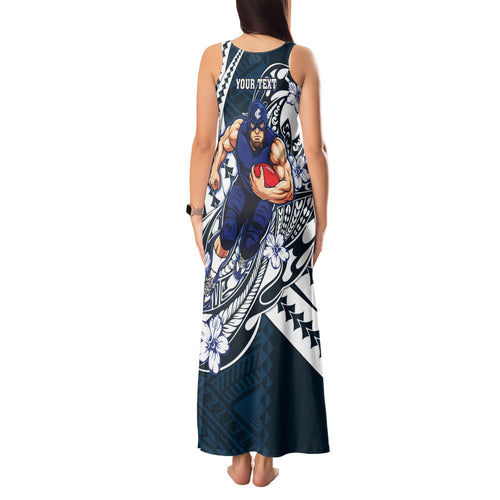 Personalized Carlton Blues Tank Maxi Dress Polynesian Tribal Baggers Mascot With Hibiscus Floral Art