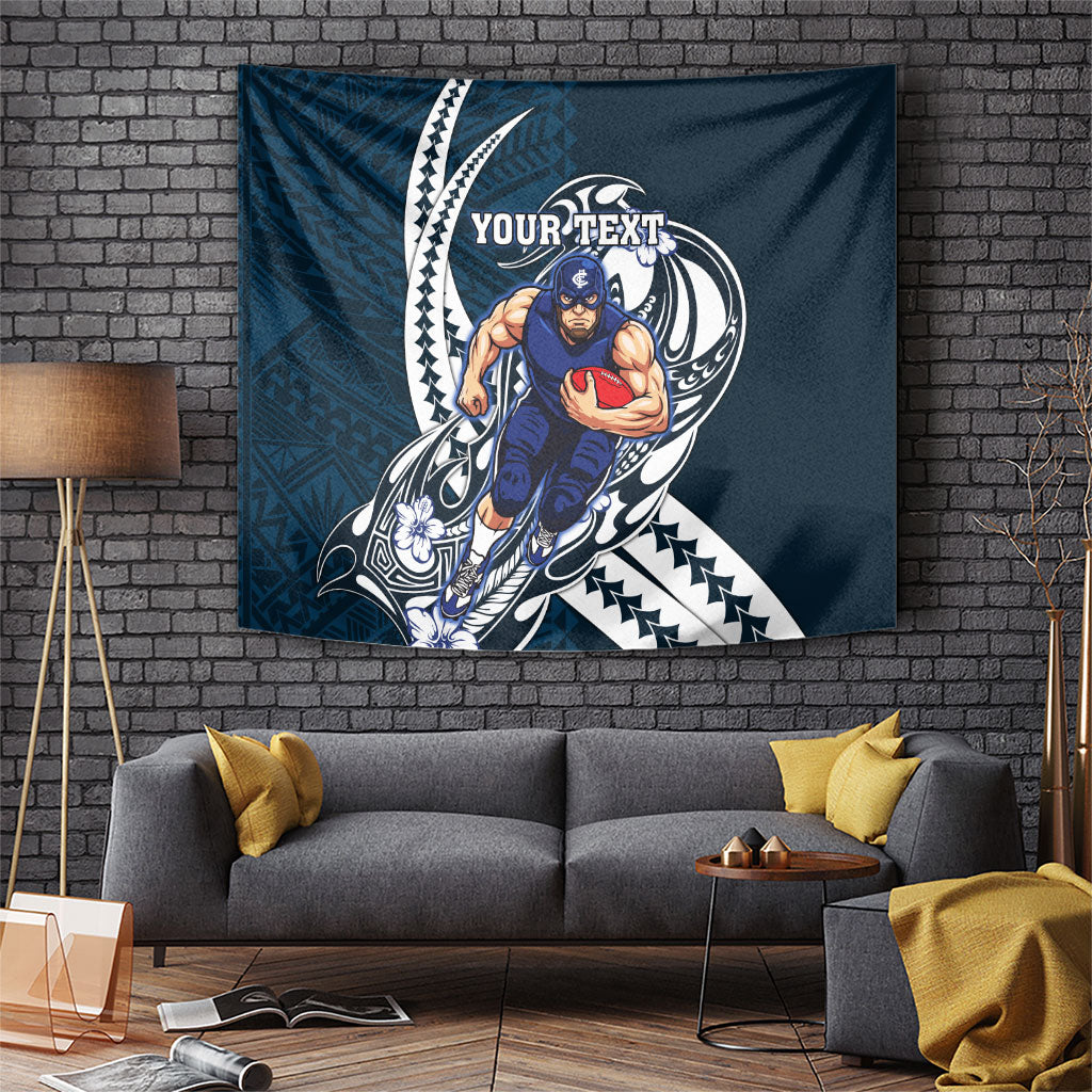 Personalized Carlton Blues Tapestry Polynesian Tribal Baggers Mascot With Hibiscus Floral Art