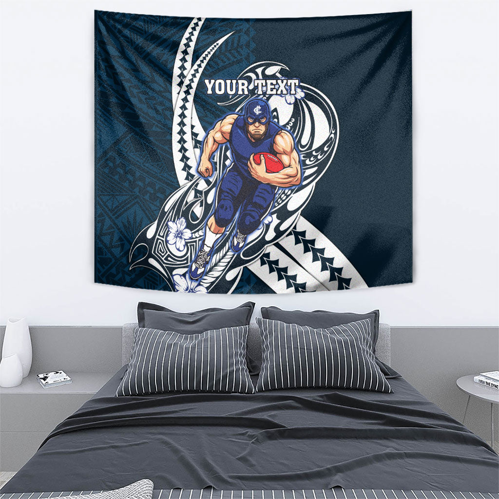 Personalized Carlton Blues Tapestry Polynesian Tribal Baggers Mascot With Hibiscus Floral Art