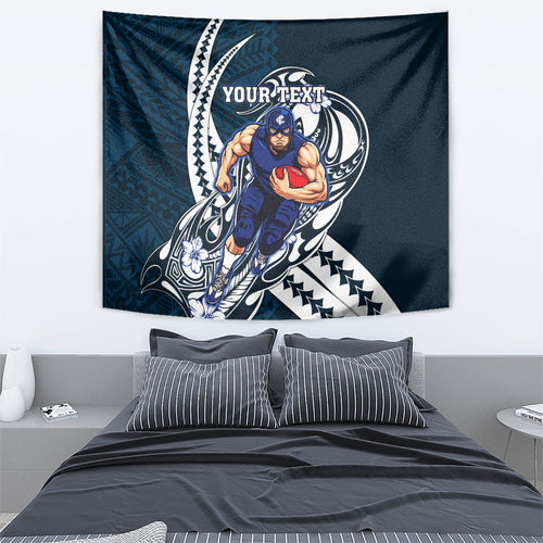 Personalized Carlton Blues Tapestry Polynesian Tribal Baggers Mascot With Hibiscus Floral Art