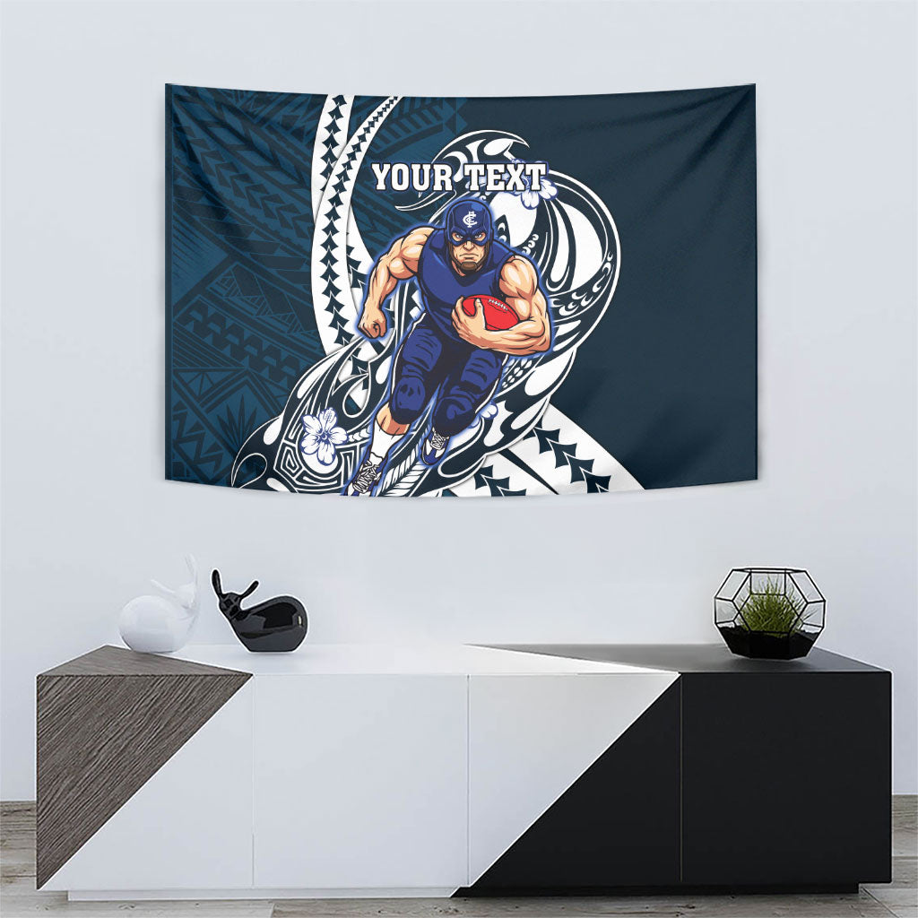 Personalized Carlton Blues Tapestry Polynesian Tribal Baggers Mascot With Hibiscus Floral Art