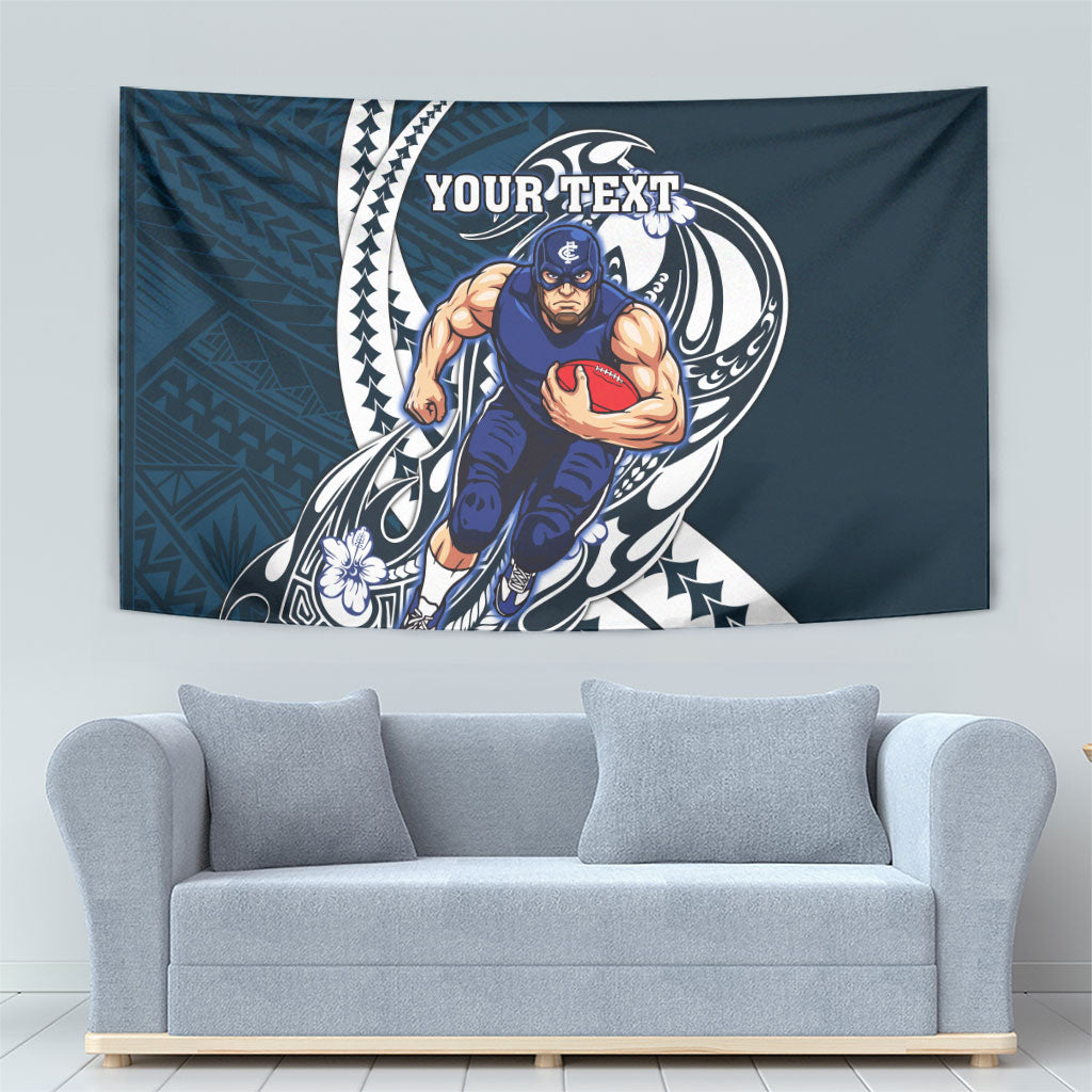 Personalized Carlton Blues Tapestry Polynesian Tribal Baggers Mascot With Hibiscus Floral Art