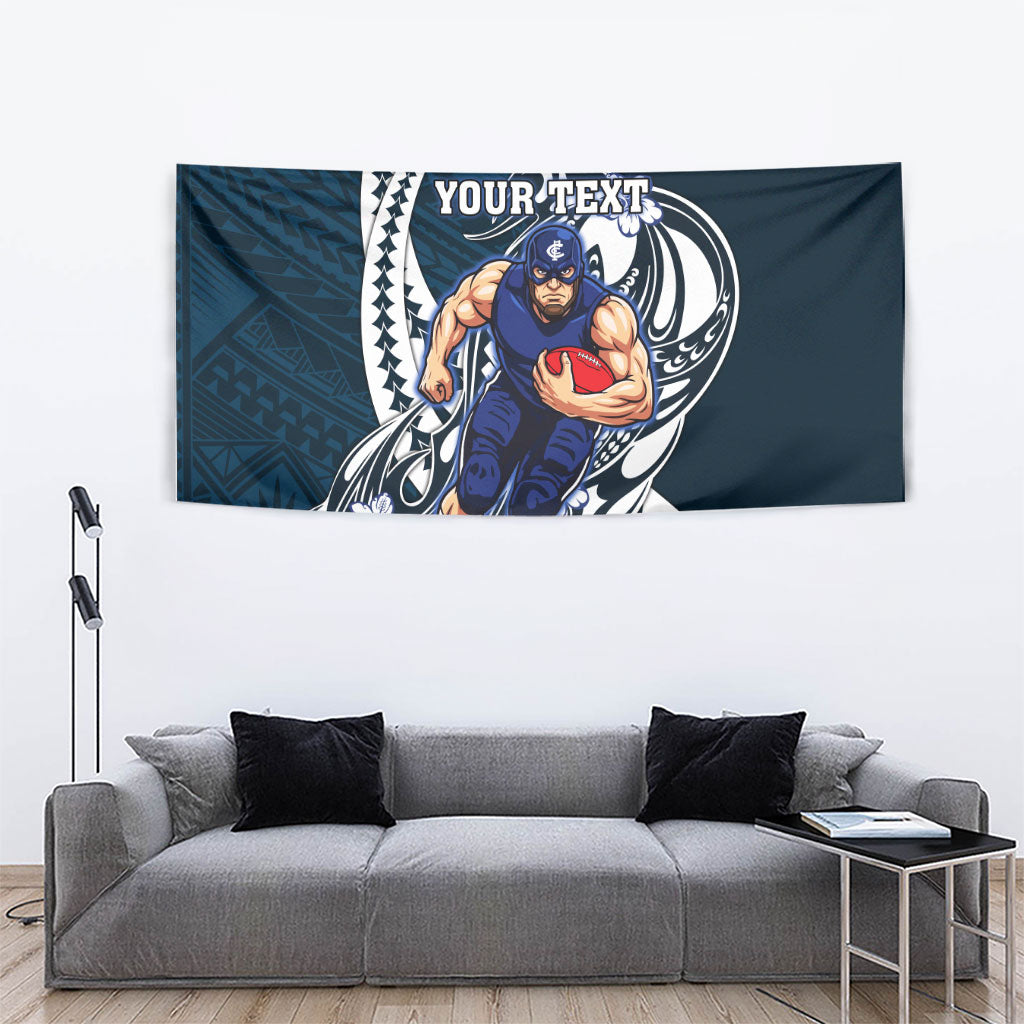 Personalized Carlton Blues Tapestry Polynesian Tribal Baggers Mascot With Hibiscus Floral Art