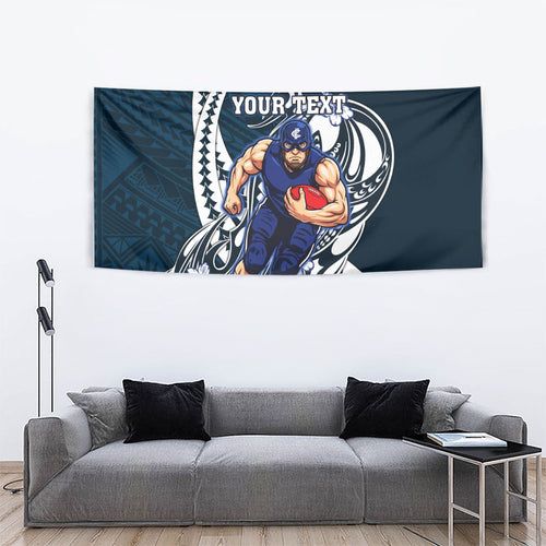 Personalized Carlton Blues Tapestry Polynesian Tribal Baggers Mascot With Hibiscus Floral Art