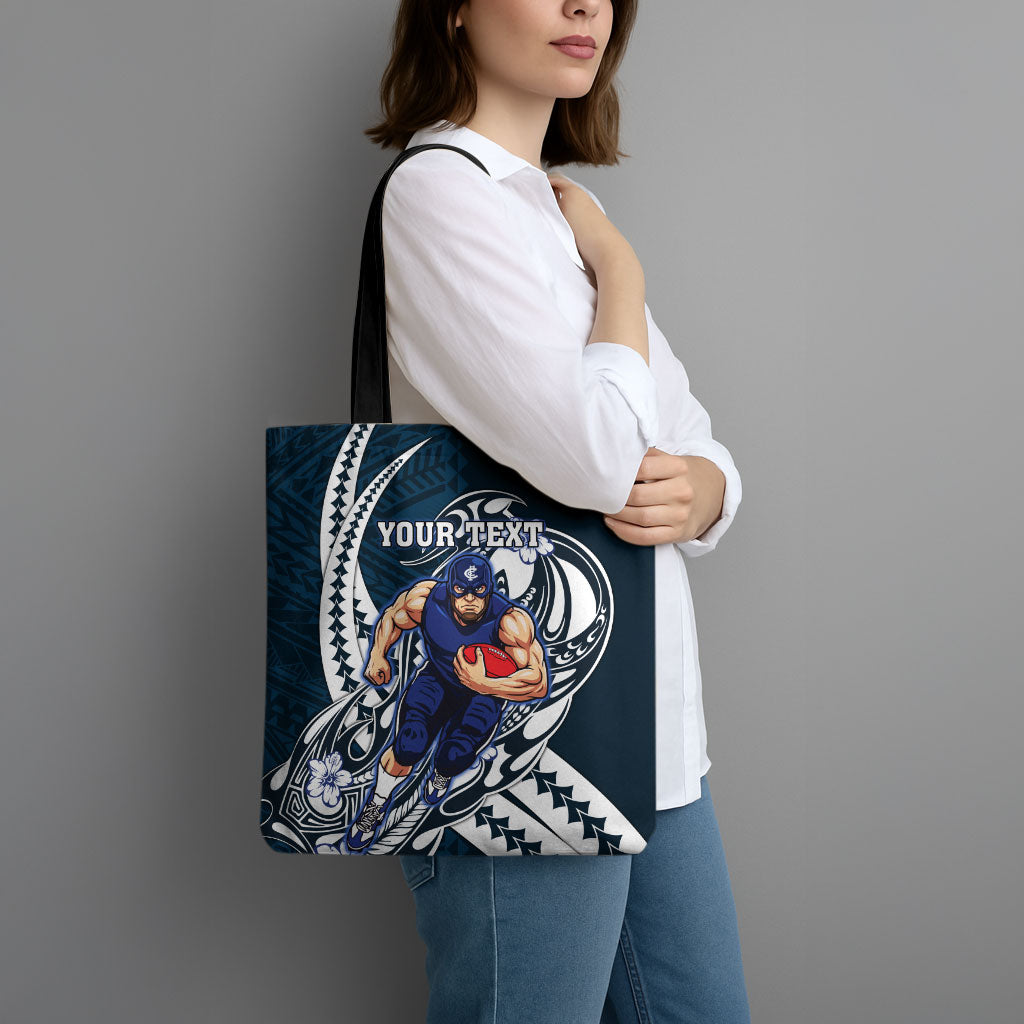 Personalized Carlton Blues Tote Bag Polynesian Tribal Baggers Mascot With Hibiscus Floral Art