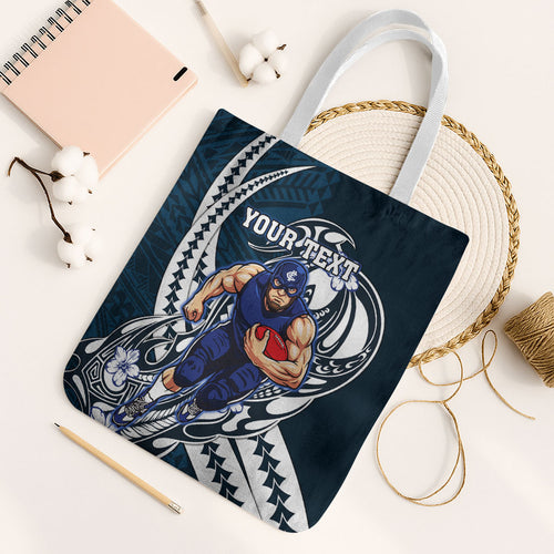 Personalized Carlton Blues Tote Bag Polynesian Tribal Baggers Mascot With Hibiscus Floral Art