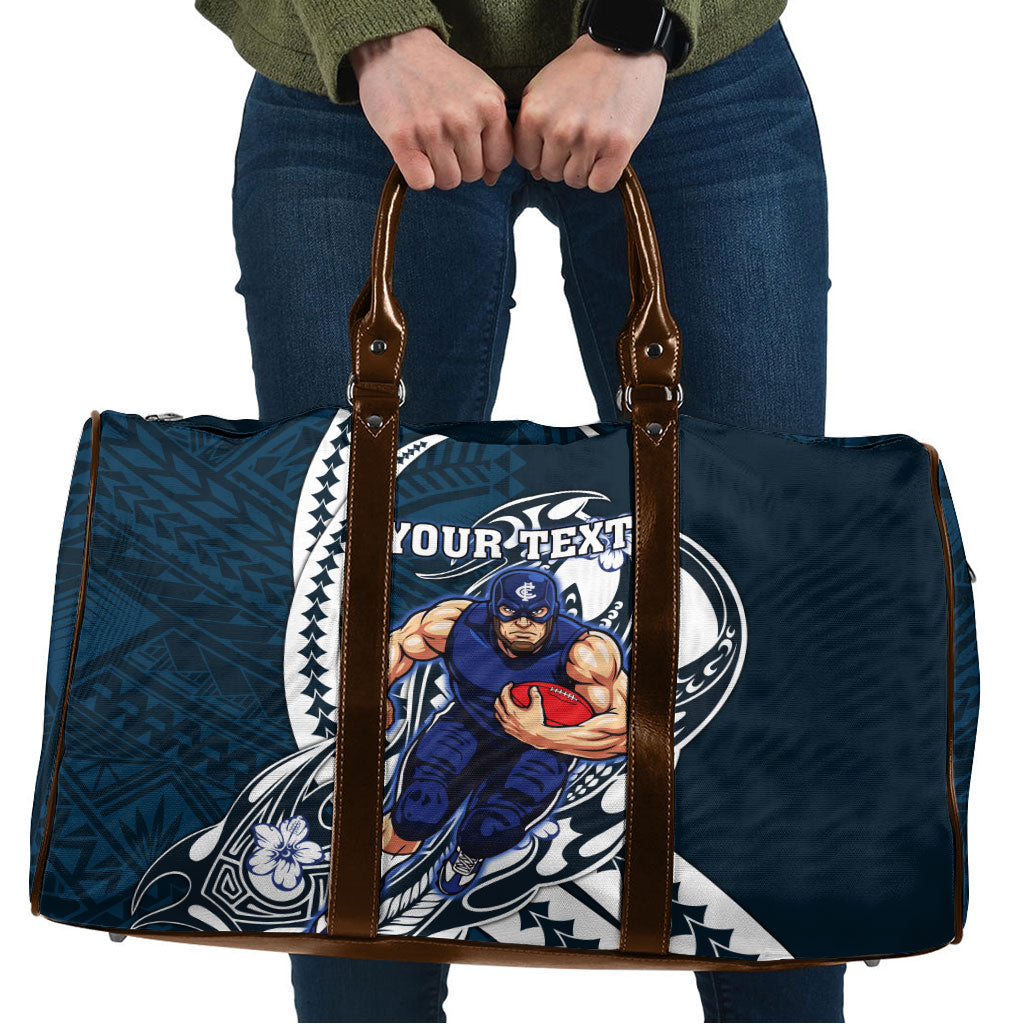 Personalized Carlton Blues Travel Bag Polynesian Tribal Baggers Mascot With Hibiscus Floral Art