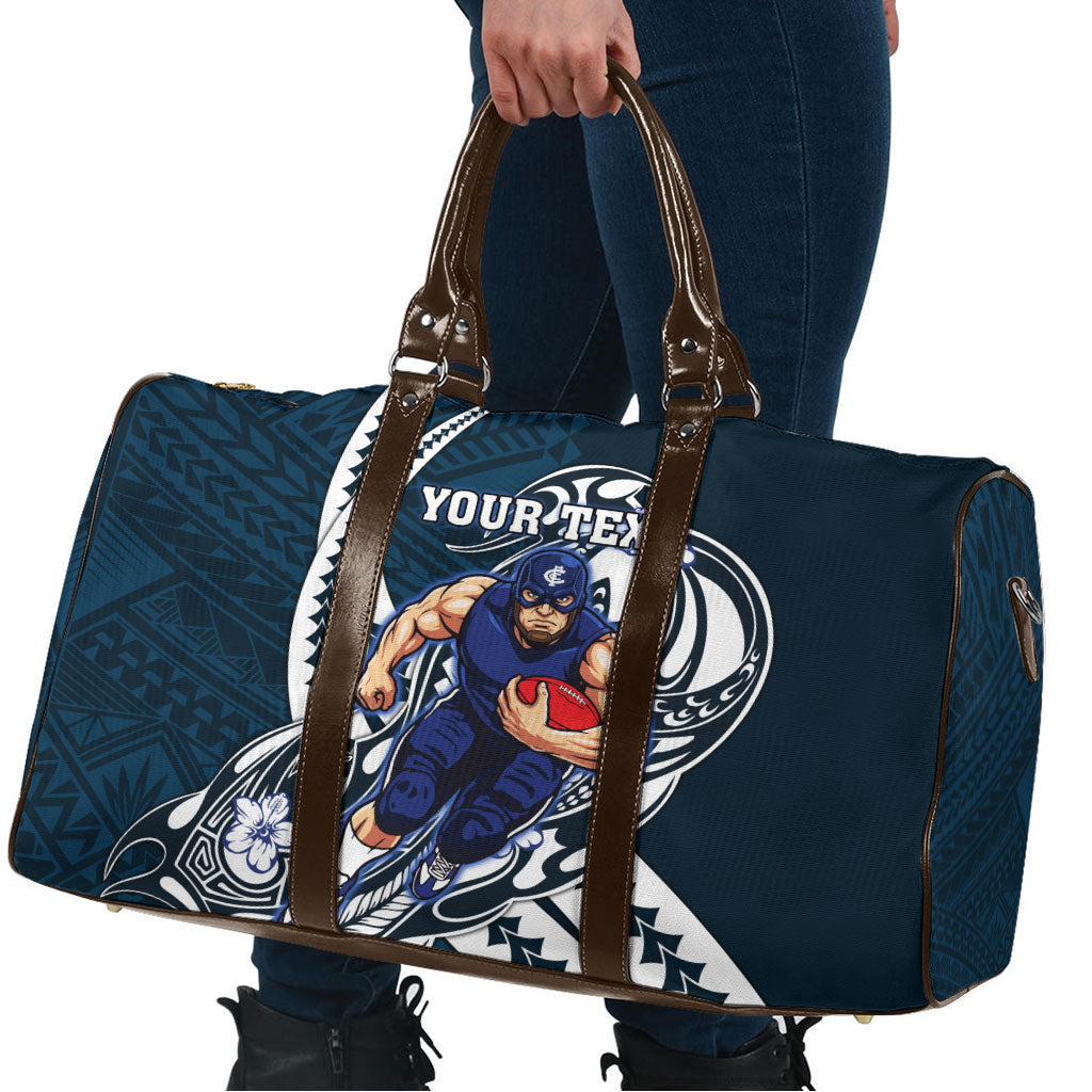 Personalized Carlton Blues Travel Bag Polynesian Tribal Baggers Mascot With Hibiscus Floral Art