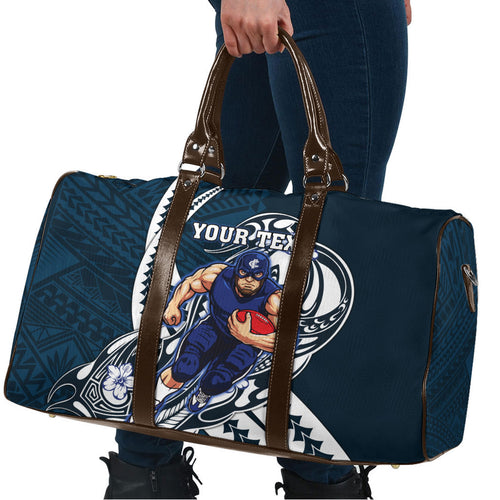 Personalized Carlton Blues Travel Bag Polynesian Tribal Baggers Mascot With Hibiscus Floral Art