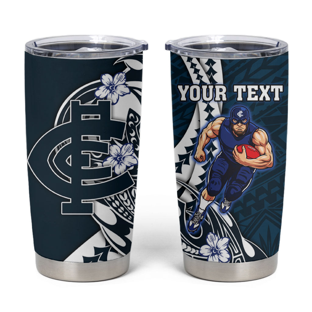 Personalized Carlton Blues Tumbler Cup Polynesian Tribal Baggers Mascot With Hibiscus Floral Art