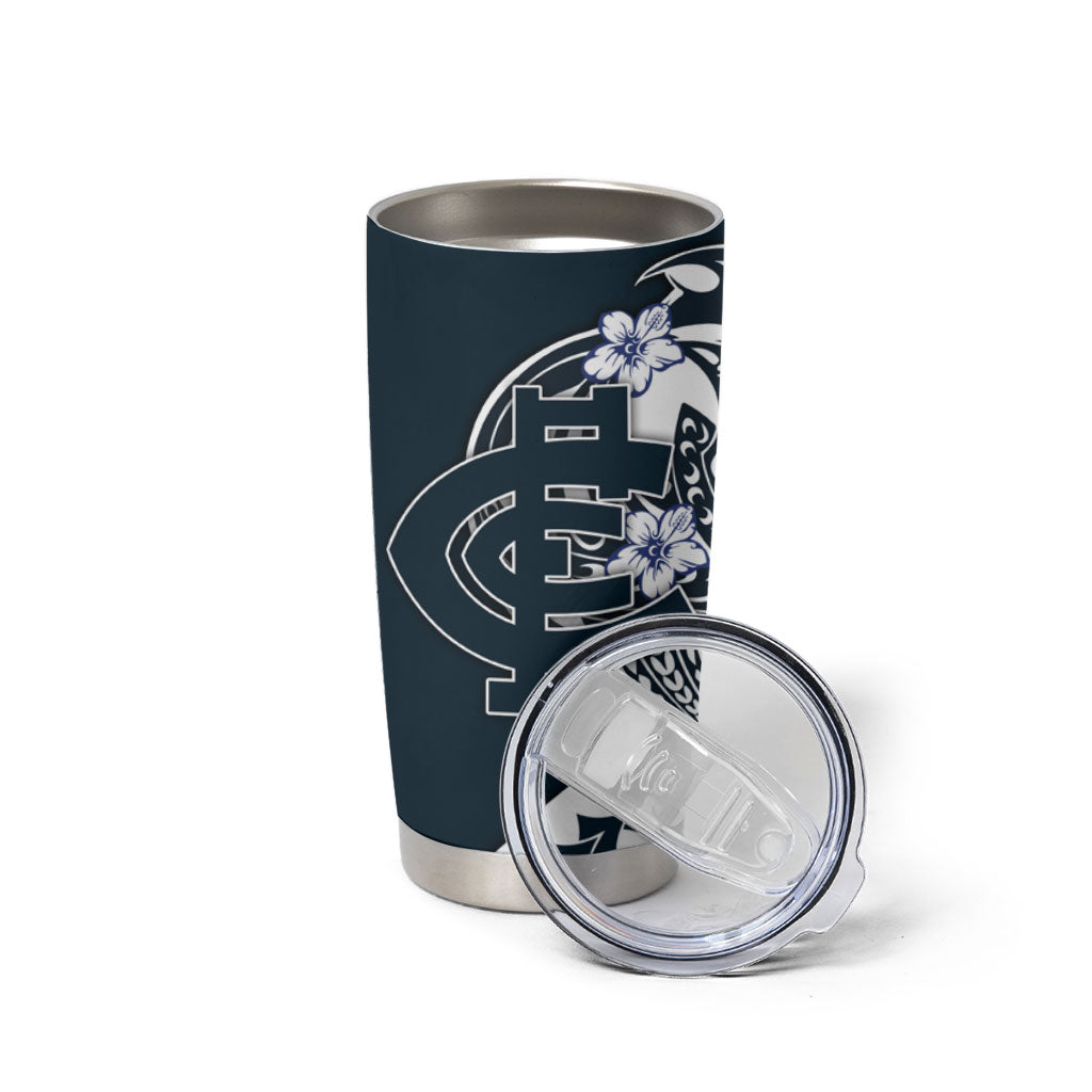 Personalized Carlton Blues Tumbler Cup Polynesian Tribal Baggers Mascot With Hibiscus Floral Art