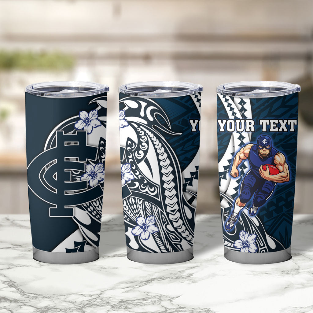 Personalized Carlton Blues Tumbler Cup Polynesian Tribal Baggers Mascot With Hibiscus Floral Art
