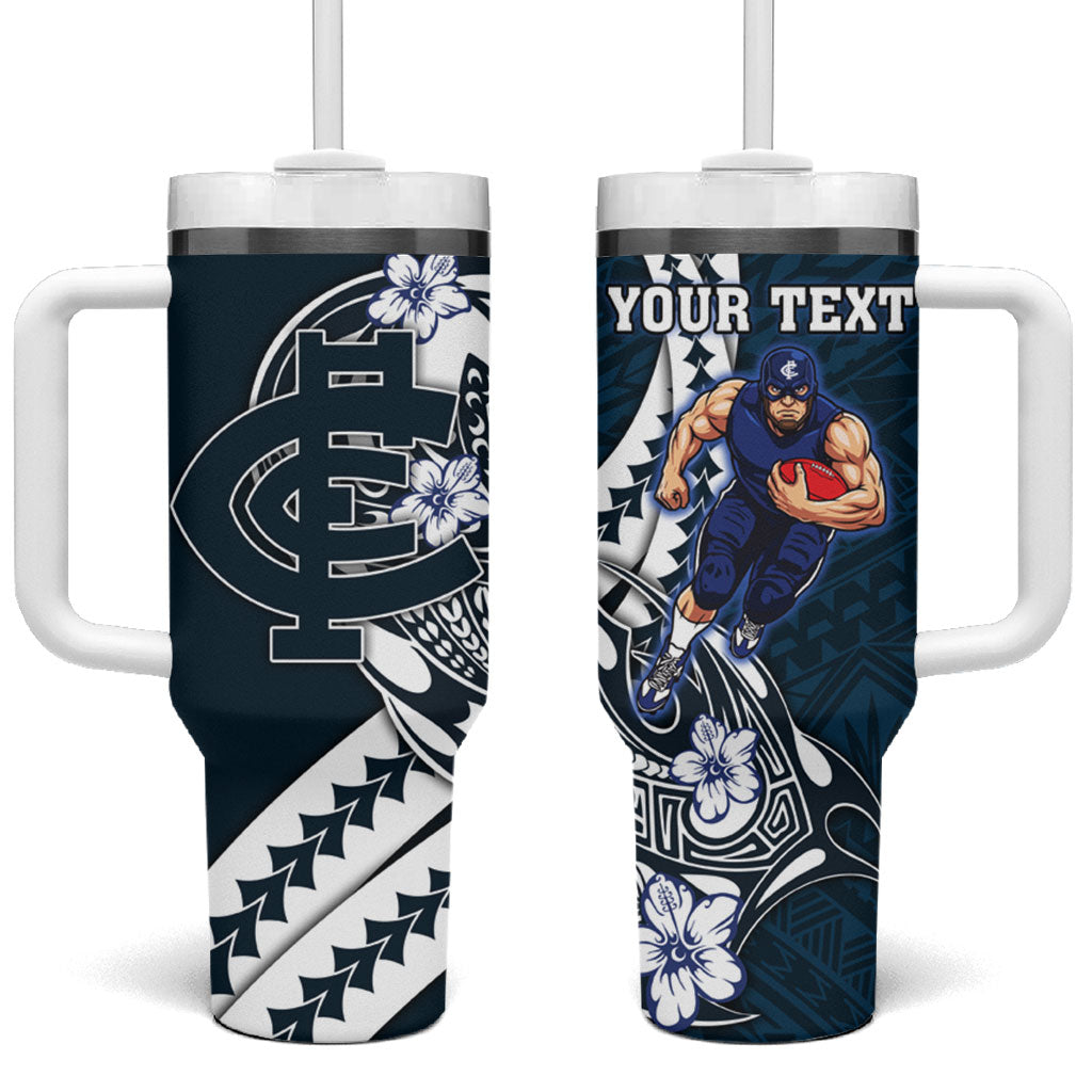Personalized Carlton Blues Tumbler With Handle Polynesian Tribal Baggers Mascot With Hibiscus Floral Art